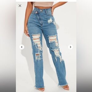 Petite Don't Get Crossed Over Slouch Fit Jeans - Medium Blue Wash